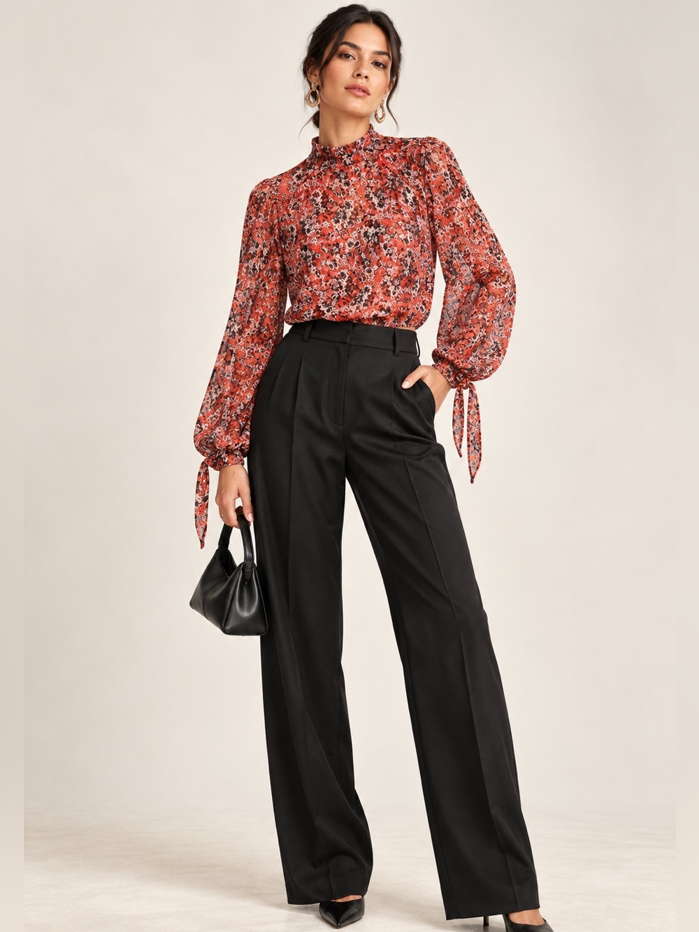 Free People Top Women XS Blouse Red Orange Floral Sheer Balloon Long Sleeve Y